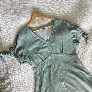 Seafoam Green Blue Linen Button Tie Sleeve Dress